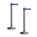 CCW Set of 2 Retractable Belt Barriers Stanchion, Polished Stainless Steel Post, RBB-100 (7.5 Foot Belt, Blue Belt)