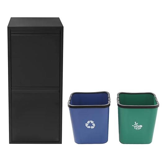 Recycling Trash Cabinet with 2 Bins & Tilt-Out Door – 15-Gallon Stainless Steel Organizer for Kitchen, Garage – Dual Waste Sorting System for Homeowners (Black)
