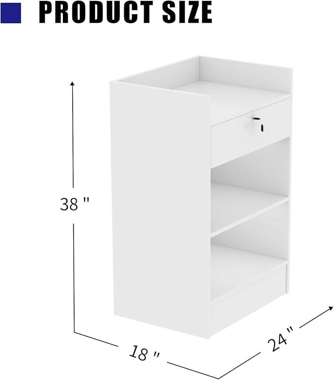 24”W * 18”D * 38”H - Cash Register Stand，Cash Wrap Checkout Desk Counter Stand with Drawer & 2 Tiers Storage for Church, Retail Store, Debate, Shopping Mall (White)