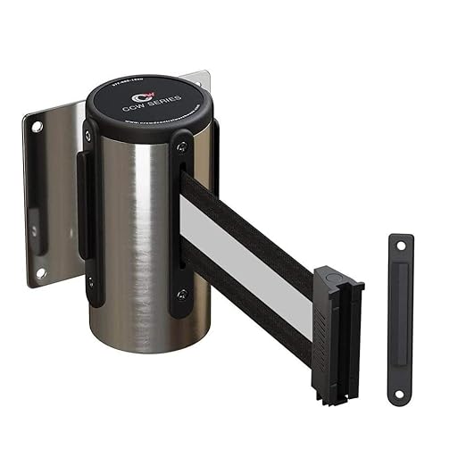 Crowd Control Warehouse - CCW Series WMB-120 Fixed Wall Mount Retractable Belt Barrier - 11 Foot, Black/White Stripe Belt with Stainless Steel Case