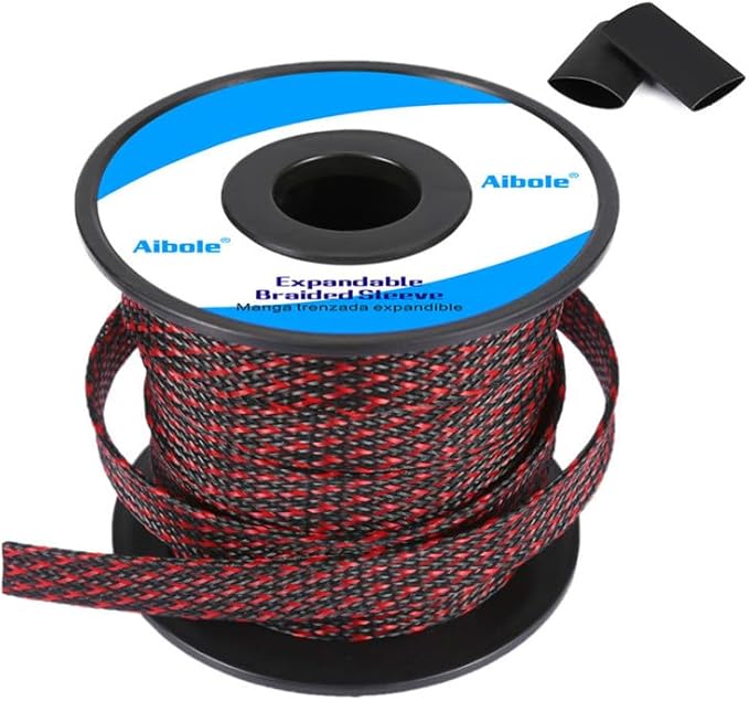 100Ft-3/8inch PET Expandable Braided Wire Sleeving,Wire Loom Cable Sleeve for TV,Computer,Home Theater,Automotive,Home Industrial,Electrical Wires,Chemical,Protect Cat from Chewing Cords,BlackRed