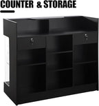 4ft Retail Checkout Counter with Front Glass Display Showcase – Black Ledge Top Store Counter with Tempered Glass, Locking Drawers & Storage Shelves – Boutique Display Cabinet