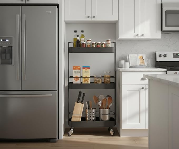 Rolling Storage Cart, 3 Tier Bathroom Organizer Mobile Shelving Unit, Metal Utility Cart Tower Rack for Kitchen Laundry Narrow Places(Fully Assembled Furniture, Black)