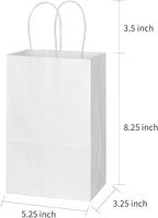 Toovip 100 Pack 5.25x3.25x8.25 Inch Small White Kraft Paper Bags with Handles Bulk, Gift Wrap Bags for Favor Grocery Retail Party Birthday Shopping Business Goody Craft Sacks Merchandise Take Out Cub