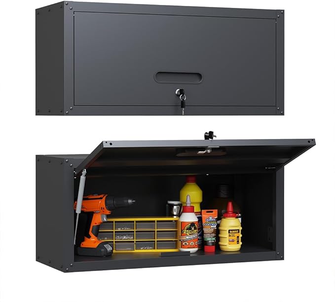 Metal Wall Cabinet with Up-flip Door, Lockable Steel Wall Mounted Storage Cabinet, Floating Tool Cabinet for Garage, Workshop, Warehouse, Kitchen, Bathroom, Assembly Required (Black 13.58"H)