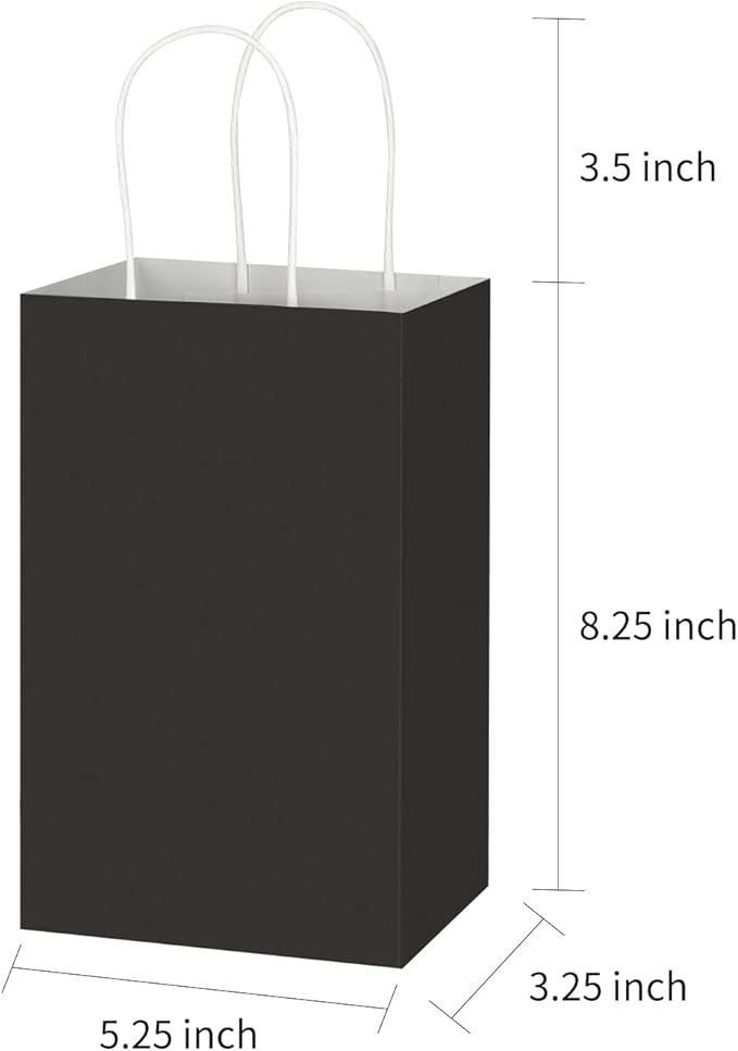 Toovip 100 Pack 5.25x3.25x8.25 Inch Small Black Kraft Paper Bags with Handles Bulk, Gift Wrap Bags for Favor Grocery Retail Party Birthday Shopping Business Goody Craft Merchandise Take Out Cub Sacks