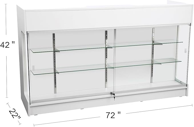72" W x 22" D x 42" H - Glass Showcase Display Cabinet with Lockng, 6FT Ledgetop Counter with Showcase Front, White Retail Counter Glass Display Cabinet