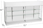 72" W x 22" D x 42" H - Ledgetop Checkout Counter with Glass Showcase View Front, White Wooden Cash Register Stand with Showcase,Retail Glass Display Cabinet Counter