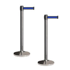 Crowd Control Warehouse CCW Set of 2 Retractable Belt Barriers Stanchion, Polished Stainless Steel Post, RBB-100 (11 Foot Belt, Black Horizontal Blue Stripe Belt)