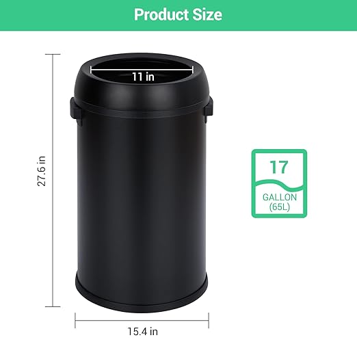 17 Gallon/65L Trash Can, Heavy Duty Stainless Steel Open Top Trash Can, Fingerprint-Proof Round Kitchen Trash Bin, Commercial Garbage Can for Restaurant, Home, Office(Black)