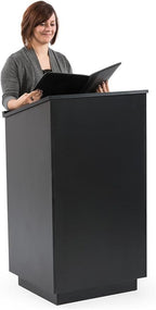 45.5" Tall Podium with Locking Cabinet, Inner Shelf, 25" Wide Angled Surface with Lip (Black)
