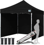 Eurmax USA 10'x10' Pop-up Canopy Tent Commercial Instant Canopies with 4 Removable Zipper End Side Walls and Roller Bag, Bonus 4 SandBags(Black)
