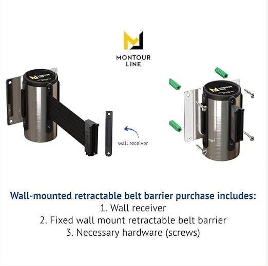 Montour Line WM115 Wall Mounted Retractable Belt Barrier with Standard Belt End, Fixed Mount, Polished Stainless Steel Casing (8.5 ft Yellow with"Authorized Access ONLY" Black Letters Belt)