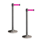CCW Set of 2 Retractable Belt Barriers Stanchion, Polished Stainless Steel Post, RBB-100 (7.5 Foot Belt, Fluorescent Pink Belt)