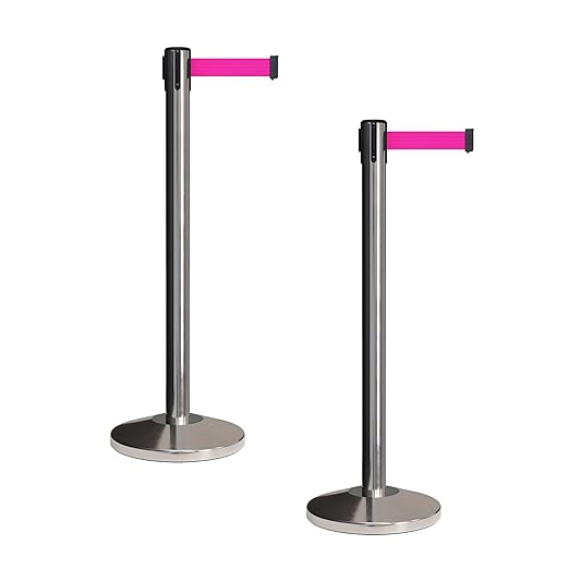Crowd Control Warehouse CCW Set of 2 Retractable Belt Barriers Stanchion, Polished Stainless Steel Post, RBB-100 (9 Foot Belt, Fluorescent Pink Belt)