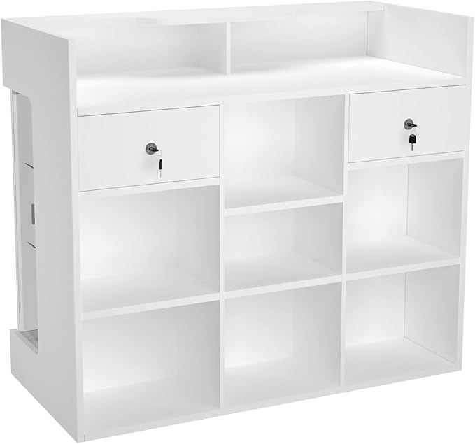 48" W x 22" D x 42" H - Tempered Glass Retail Display Case, White Reception Desk, Retail Checkout Counter with Lockable Drawers, Suitable for Offices, Retail Stores and Boutiques