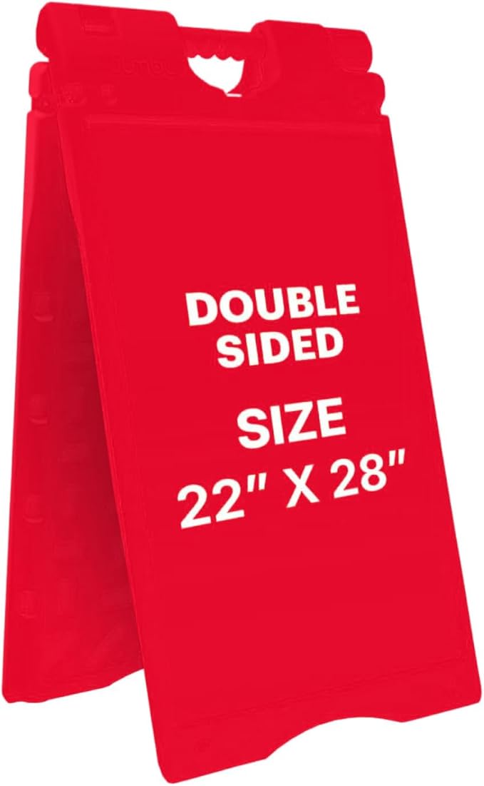 Jumbl A-Frame Signboard 22” x 28” Display Surface – Large Outdoor Sandwich Board w/Weather Resistant PVC Sign Protector & Sand Fill Holes – Dual Signage Stand for Storefront Sidewalk Curb (Red)