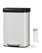 Garvee 13 gal / 50 L Metal Trash Can with Lid, Large Garbage Can for Kitchen, Rustproof Step-on Kitchen Metal Trash Bin with Liner Rim, Rear Handle, Soft Close Plastic Lid, White