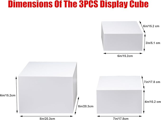 Clisela 3pcs Acrylic Cube Display Stands Box Risers with Hollow Bottoms, Food Risers for Buffet Table, Decorative Display Stand Shelf for Dessert Collectibles Jewelry Figures Show - White 6" 7" 8"