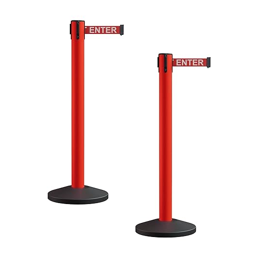 Crowd Control Warehouse CCW Series RBB-150 - Set of 2 Stanchion Retractable Belt Barriers - 16 Foot, Red"Caution - DO NOT Enter" White Letters Belt with Red Post - Easy Assembly