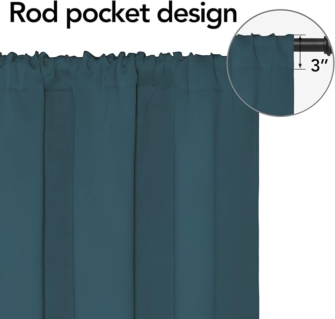 Easy-Going Rod Pocket Blackout Curtains for Bedroom, Room Darkening Window Curtains for Living Room, Thermal Insulated Noise Reduction Solid Window Drapes, 2 Panels(42x54 in, Bluestone)