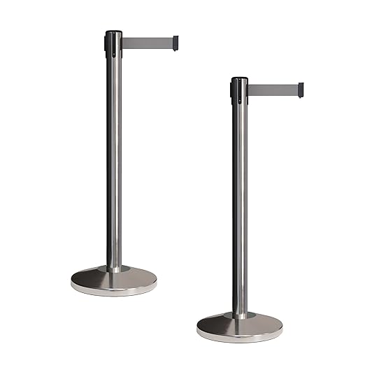 CCW Set of 2 Retractable Belt Barriers Stanchion, Polished Stainless Steel Post, RBB-100 (11 Foot Belt, Light Grey Belt)