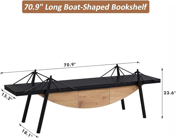 1 Tier Boat-Shaped Bookshelf, Stylish Bookcase with Drawer 70.9" Long Bookshelves for Storage Display Decor Easy Assembly Bookcase Furniture for Bedroom, Living Room and Home Office