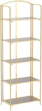 Crofy No Assembly Folding Bookshelf for Living Room, 5 Tier Gold Collapsible Book Shelf for Home Office, Portable Bookcase Storage Organizer