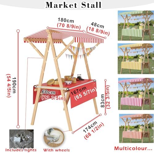 Foldable Wooden Market Stall Display Stand with Canopy & Tablecloth - Outdoor Retail Kiosk for Gifts, Crafts, Food, Toys & Lemonade - Portable Concession Booth (Red, 180x60cm)