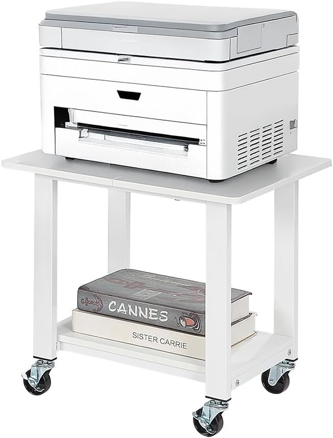 SunnyPoint 2-Tier Under Desk Printer Stand with Storage Shelf and Steel Frame, Industrial Mobile Printer Cart Holder with Lockable Improved Industrial Wheels for Home and Office (WHT)