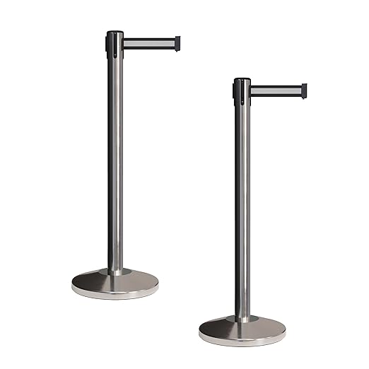 Crowd Control Warehouse CCW Set of 2 Retractable Belt Barriers Stanchion, Polished Stainless Steel Post, RBB-100 (7.5 Foot Belt, Black White Horizontal Stripe Belt)