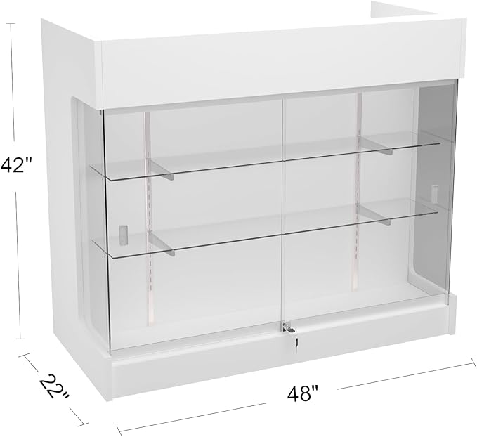 48" W x 22" D x 42" H - Retail Sales Counter with Adjustable Glass Shelves, Tempered Glass，White Laminated Particle Board, Locking Drawers