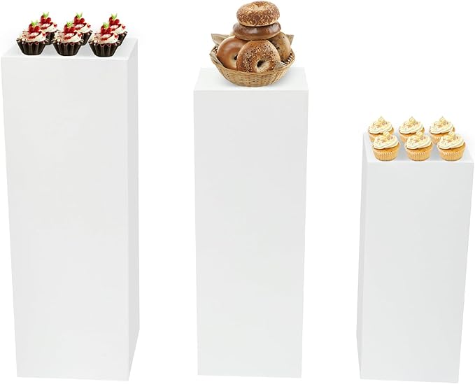 3 PCS Square Pedestal Stands, Free Standing Metal White Flower Display Rack Stand, Reusable Plinths Dessert Table, Tall Pedestal Cake Cube Display Pillars for Wedding, Birthday Decorations