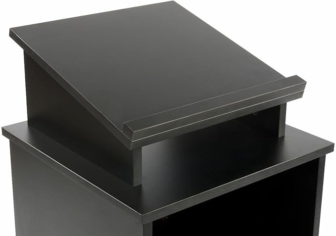 Rolling Wood Podium, 44"H, Locking Wheels, 2 Shelf Open Cabinet, Top Surface with Lip (Black)