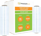 PSBM Stretch Wrap, 4 Pack, 15 Inch x 1000 Feet, 120 Gauge, Clear Plastic Cling, Cast Hand Stretch Film Rolls for Packaging Moving Packing Pallets