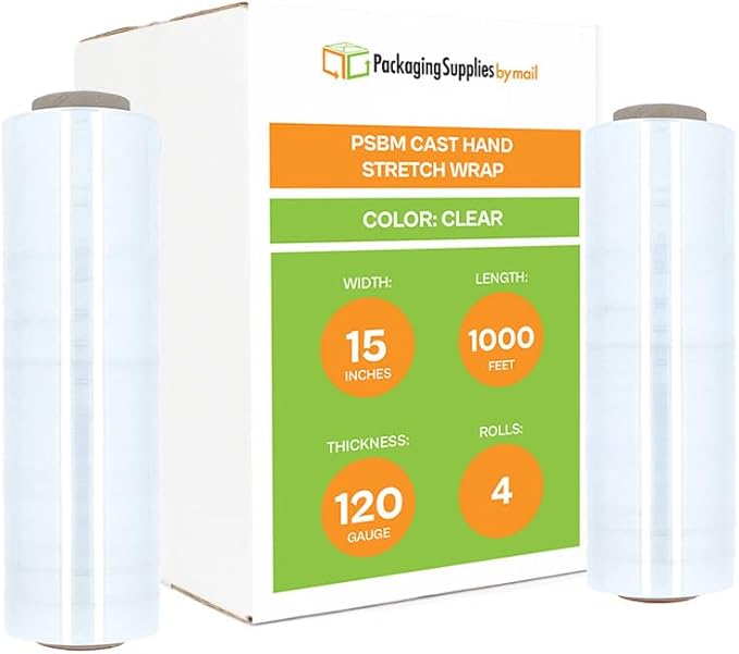 PSBM Stretch Wrap, 4 Pack, 15 Inch x 1000 Feet, 120 Gauge, Clear Plastic Cling, Cast Hand Stretch Film Rolls for Packaging Moving Packing Pallets
