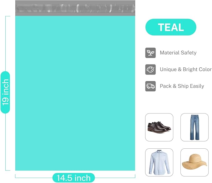 Metronic 1000PC Poly Mailers 14.5x19, Large Shipping Bags for Small Business, Waterproof Mailers Poly Bags, Strong Adhesive Shipping Envelopes for Clothing, Efficient Mailing Envelopes in Teal