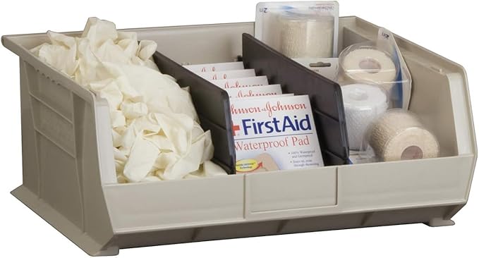 Akro-Mils 30250 AkroBins Plastic Storage Bins, Space-Saving Stackable Bins for Garage, Pantry, Craft Organization, 15" x 16" x 7", Stone, 6-Pack