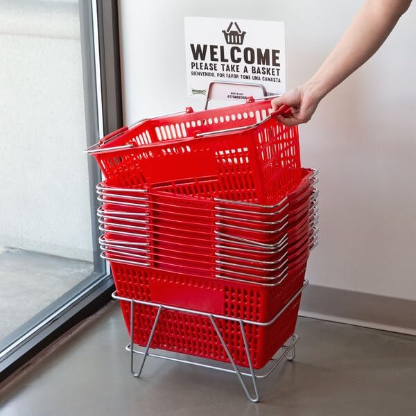 Red Plastic Shopping Basket with Steel Handles, 18 11/16 x 12 3/8 x 10 7/16 Inches, 55 lb Capacity, Stackable Design for Grocery Market Store