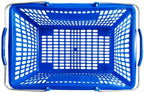 Plastic Shopping Basket, Blue, Steel Handles, 18 11/16 x 12 3/8 x 10 7/16 Inches, 55 lb Capacity, Stackable Design for Grocery Market