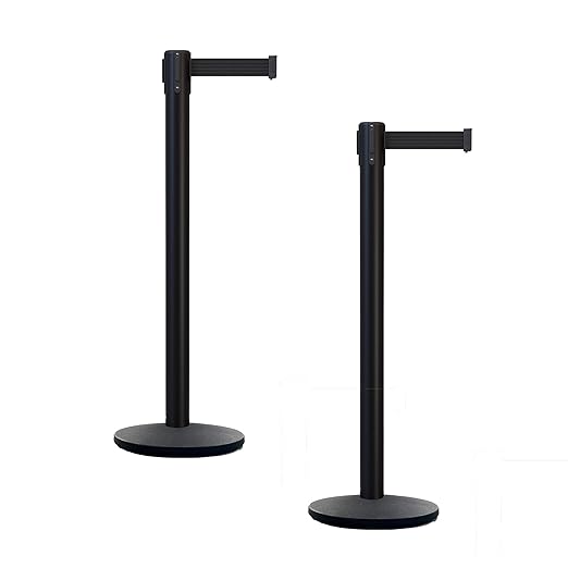 Montour Line MI650 Set of 2 Retractable Belt Barrier Stanchion, Cast Iron Base, Black Powder Coated Steel Post (16 ft Black Belt)