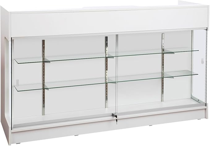 72" W x 22" D x 42" H - Ledgetop Checkout Counter with Glass Showcase View Front, White Wooden Cash Register Stand with Showcase,Retail Glass Display Cabinet Counter