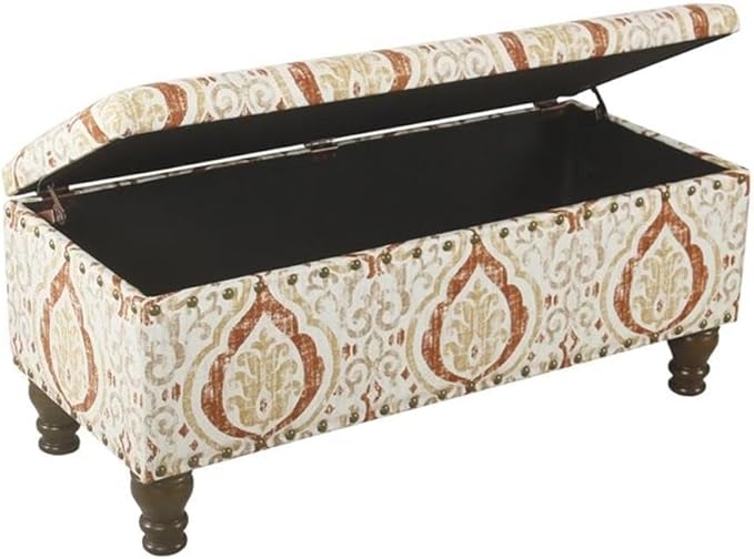 Homepop Home Decor | Upholstered Bench with Nailhead Trim | Large Ottoman with Storage for Living Room & Bedroom | Decorative Home Furniture, Orange and Cream Medallion