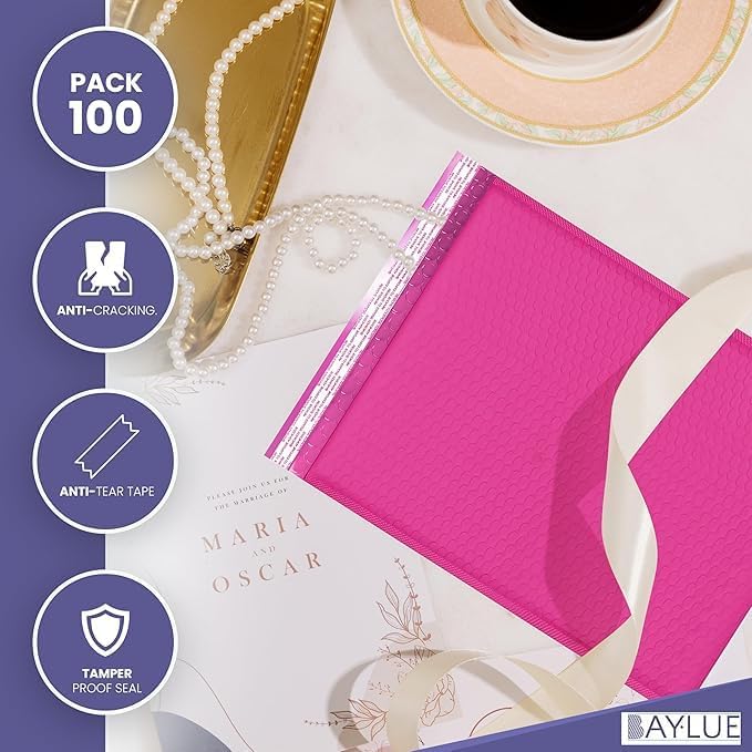 Hot Pink12.5x19.5 Inch Large Poly Bubble Mailers #6 | Padded Envelopes with Self Seal | Air Lined Cushioned Bubble Mailer | Usable Size 12.5x15 | 100 Pack Bulk | Lightweight shipping Bags