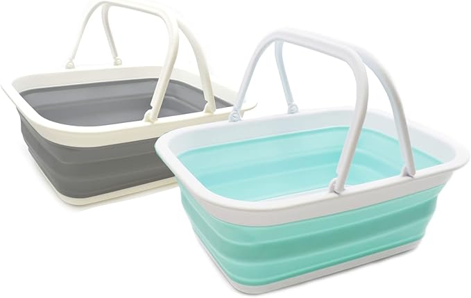 SAMMART 9.2L (2.37Gallon) Collapsible Tub with Handle - Portable Outdoor Picnic Basket/Crater - Foldable Shopping Bag - Space Saving Storage Container (Grey & Lake Green, 2)