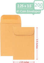 200PCS #1 Coin Envelopes 2.25x3.5 inches Brown Kraft Envelopes Classic Small Parts Gummed Flap for Coins, Cash, Credit Cards, Seeds