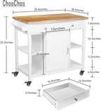 ChooChoo Kitchen Cart on Wheels with Wood Top, Utility Wood Kitchen Islands with Storage and Drawers, Easy Assembly - White
