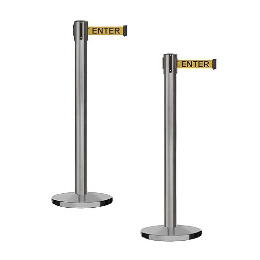 Montour Line MI650 Set of 2 Retractable Belt Barrier Stanchion, Cast Iron Base, Black Satin Stainless Steel Post (16 ft Yellow with"Caution - DO NOT Enter" Black Letters Belt)