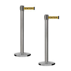 Montour Line MI650 Set of 2 Retractable Belt Barrier Stanchion, Cast Iron Base, Black Satin Stainless Steel Post (16 ft Yellow with"Caution - DO NOT Enter" Black Letters Belt)