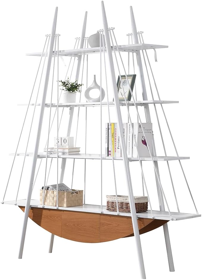 Boat-Shaped Bookshelf, 4 Tier Ladder Bookcase with Drawer 84.3" Tall Bookshelves for Storage Display Decor Easy Assembly Bookcase Furniture for Bedroom, Living Room and Home Office